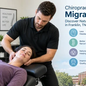 Chiropractor gently adjusts a woman’s neck as she reclines; graphic promotes natural migraine relief, less pain, and better nerve function.