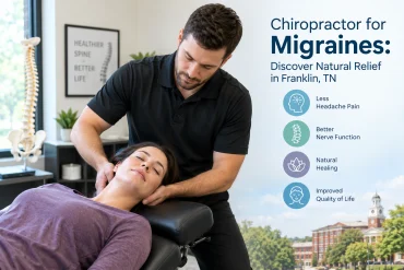 Chiropractor gently adjusts a woman’s neck as she reclines; graphic promotes natural migraine relief, less pain, and better nerve function.