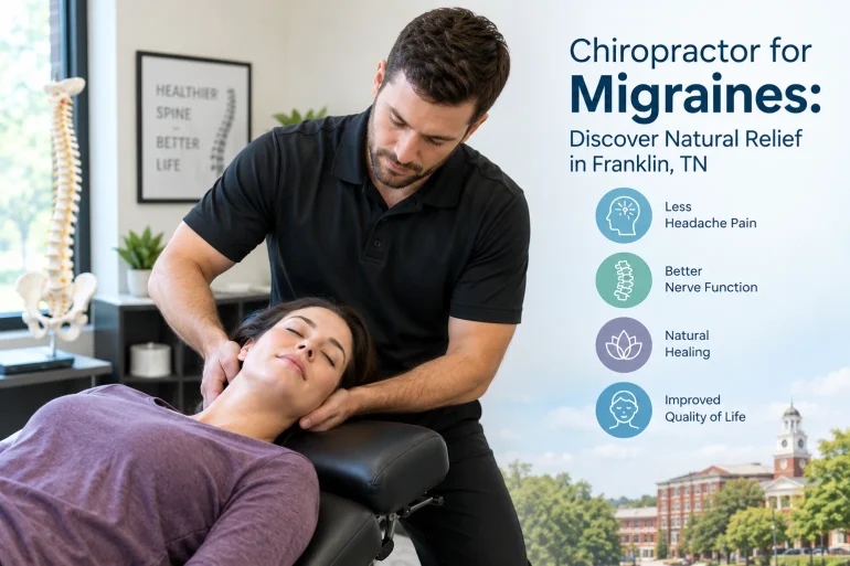 Chiropractor gently adjusts a woman’s neck as she reclines; graphic promotes natural migraine relief, less pain, and better nerve function.
