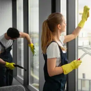 Two cleaners in gloves and dark overalls clean large windows, with one wiping glass using a squeegee and the other vacuuming frames.