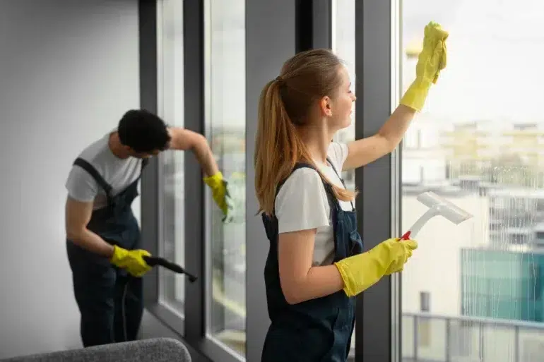 Two cleaners in gloves and dark overalls clean large windows, with one wiping glass using a squeegee and the other vacuuming frames.