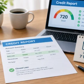 Credit report documents show a 720 “Good” score, account summaries, a laptop, calculator, coffee mug, plant, and “Up to 7 Years” calendar.