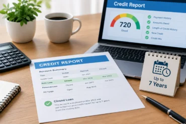 Credit report documents show a 720 “Good” score, account summaries, a laptop, calculator, coffee mug, plant, and “Up to 7 Years” calendar.