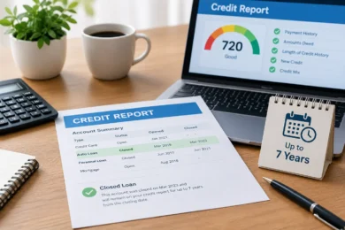 Credit report documents show a 720 “Good” score, account summaries, a laptop, calculator, coffee mug, plant, and “Up to 7 Years” calendar.