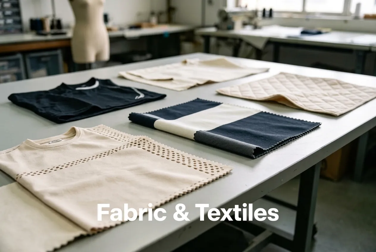 Fabric and textile samples, including folded cloth and garment pieces, lie on a worktable with “Fabric & Textiles” overlaid at the bottom.