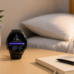 A smartwatch on a bedside table displays sleep data, beside a potted plant, glass of water, notebook, and pen.