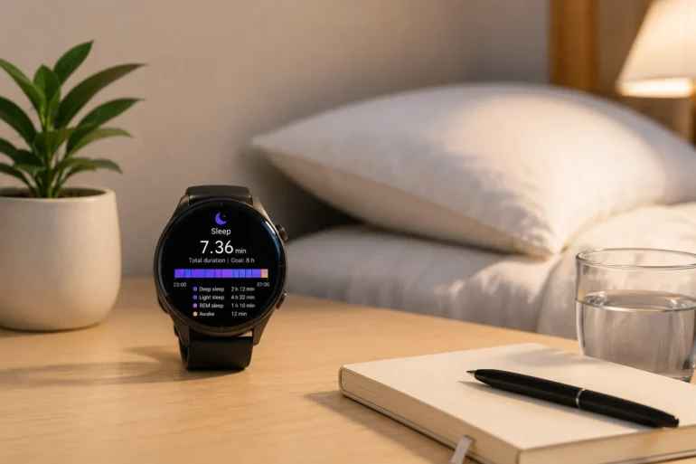 A smartwatch on a bedside table displays sleep data, beside a potted plant, glass of water, notebook, and pen.