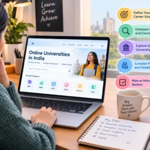 Person researching online universities in India on a laptop, with a study plan, books, and goal-setting steps displayed nearby.