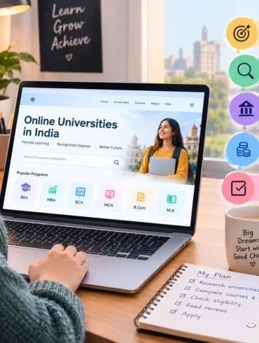 Person researching online universities in India on a laptop, with a study plan, books, and goal-setting steps displayed nearby.