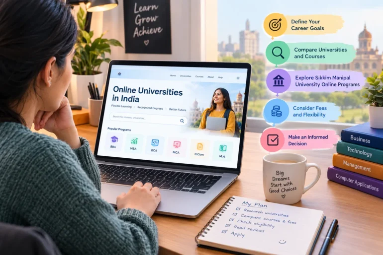 Person researching online universities in India on a laptop, with a study plan, books, and goal-setting steps displayed nearby.