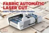 A white fabric laser cutting machine surrounded by cut fabric pieces, with text reading “FABRIC AUTOMATIC LASER CUT” and “C160-L-Vision Laser Cutter Machine.”