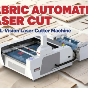 A white fabric laser cutting machine surrounded by cut fabric pieces, with text reading “FABRIC AUTOMATIC LASER CUT” and “C160-L-Vision Laser Cutter Machine.”