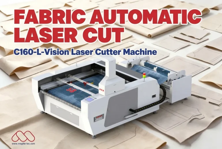 A white fabric laser cutting machine surrounded by cut fabric pieces, with text reading “FABRIC AUTOMATIC LASER CUT” and “C160-L-Vision Laser Cutter Machine.”