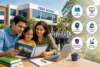 Parents and daughter review a school brochure at a table outside a CBSE school, with students and labeled educational benefits in the background.