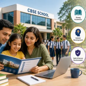 Parents and daughter review a school brochure at a table outside a CBSE school, with students and labeled educational benefits in the background.