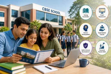 Parents and daughter review a school brochure at a table outside a CBSE school, with students and labeled educational benefits in the background.