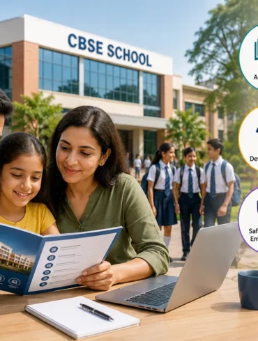 Parents and daughter review a school brochure at a table outside a CBSE school, with students and labeled educational benefits in the background.