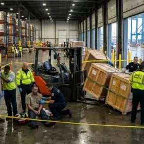 Industrial warehouse safety alert: investigators gather around an injured worker and forklift near fallen crates, behind yellow caution tape at Chesapeake port.