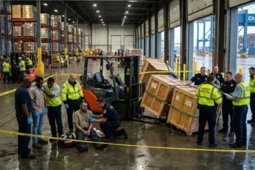 Industrial warehouse safety alert: investigators gather around an injured worker and forklift near fallen crates, behind yellow caution tape at Chesapeake port.