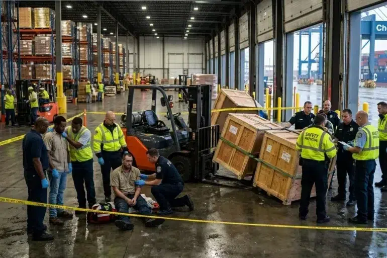 Industrial warehouse safety alert: investigators gather around an injured worker and forklift near fallen crates, behind yellow caution tape at Chesapeake port.