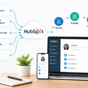 HubSpot CRM dashboard on a laptop and phone connects Salesforce, Google Workspace, Microsoft 365, Dropbox and Slack to attract, engage and convert.