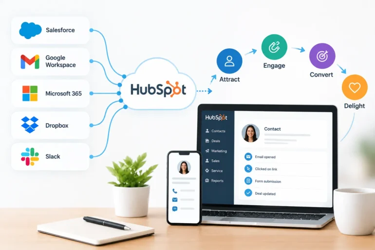 HubSpot CRM dashboard on a laptop and phone connects Salesforce, Google Workspace, Microsoft 365, Dropbox and Slack to attract, engage and convert.