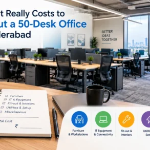 Modern 50-desk Hyderabad office with workstations, city views, and a cost worksheet outlining furniture, equipment, interiors, utilities, and setup.