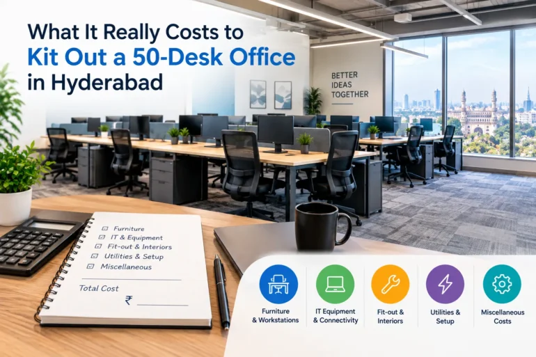 Modern 50-desk Hyderabad office with workstations, city views, and a cost worksheet outlining furniture, equipment, interiors, utilities, and setup.