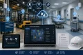 Asset-tracking illustration linking a warehouse and hospital, with a laptop dashboard, tablet, forklift, equipment, and UWB, BLE AoA, and RFID labels.