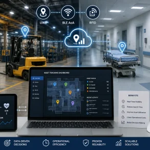 Asset-tracking illustration linking a warehouse and hospital, with a laptop dashboard, tablet, forklift, equipment, and UWB, BLE AoA, and RFID labels.