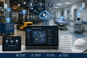 Asset-tracking illustration linking a warehouse and hospital, with a laptop dashboard, tablet, forklift, equipment, and UWB, BLE AoA, and RFID labels.