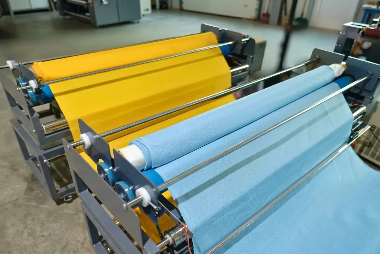 Industrial machine with large rolls of yellow and light blue fabric mounted on metal rollers in a factory.