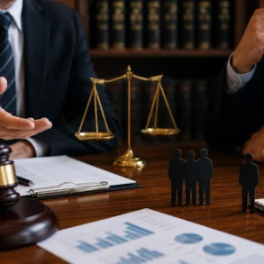 Two suited lawyers sit at a desk with scales of justice, a gavel, legal papers, books, and small human figurines.