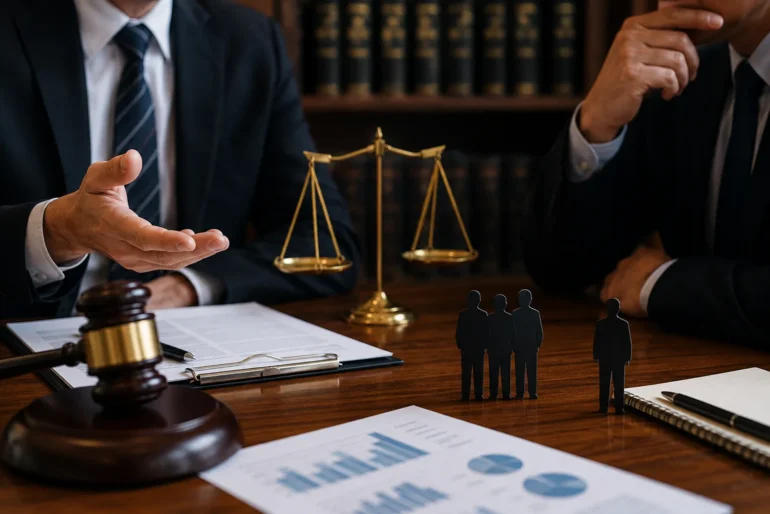 Two suited lawyers sit at a desk with scales of justice, a gavel, legal papers, books, and small human figurines.