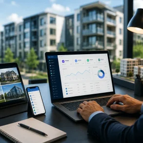 A man works at a desk with a laptop showing analytics, a tablet displaying property photos, and a phone beside a notebook.