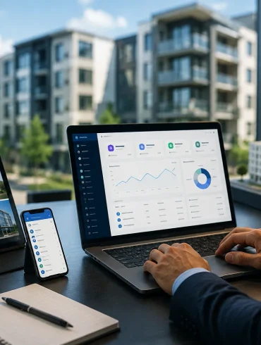 A man works at a desk with a laptop showing analytics, a tablet displaying property photos, and a phone beside a notebook.