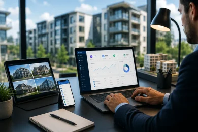 A man works at a desk with a laptop showing analytics, a tablet displaying property photos, and a phone beside a notebook.