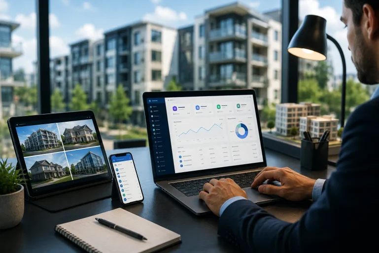 A man works at a desk with a laptop showing analytics, a tablet displaying property photos, and a phone beside a notebook.
