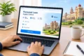 Hands type on a laptop displaying “Personal Loan Apply Online,” with loan fields, an “Apply Now” button, and a Mysore landmark.