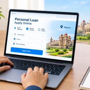 Hands type on a laptop displaying “Personal Loan Apply Online,” with loan fields, an “Apply Now” button, and a Mysore landmark.