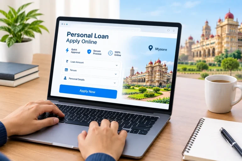 Hands type on a laptop displaying “Personal Loan Apply Online,” with loan fields, an “Apply Now” button, and a Mysore landmark.