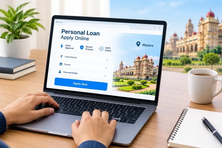 Hands type on a laptop displaying “Personal Loan Apply Online,” with loan fields, an “Apply Now” button, and a Mysore landmark.