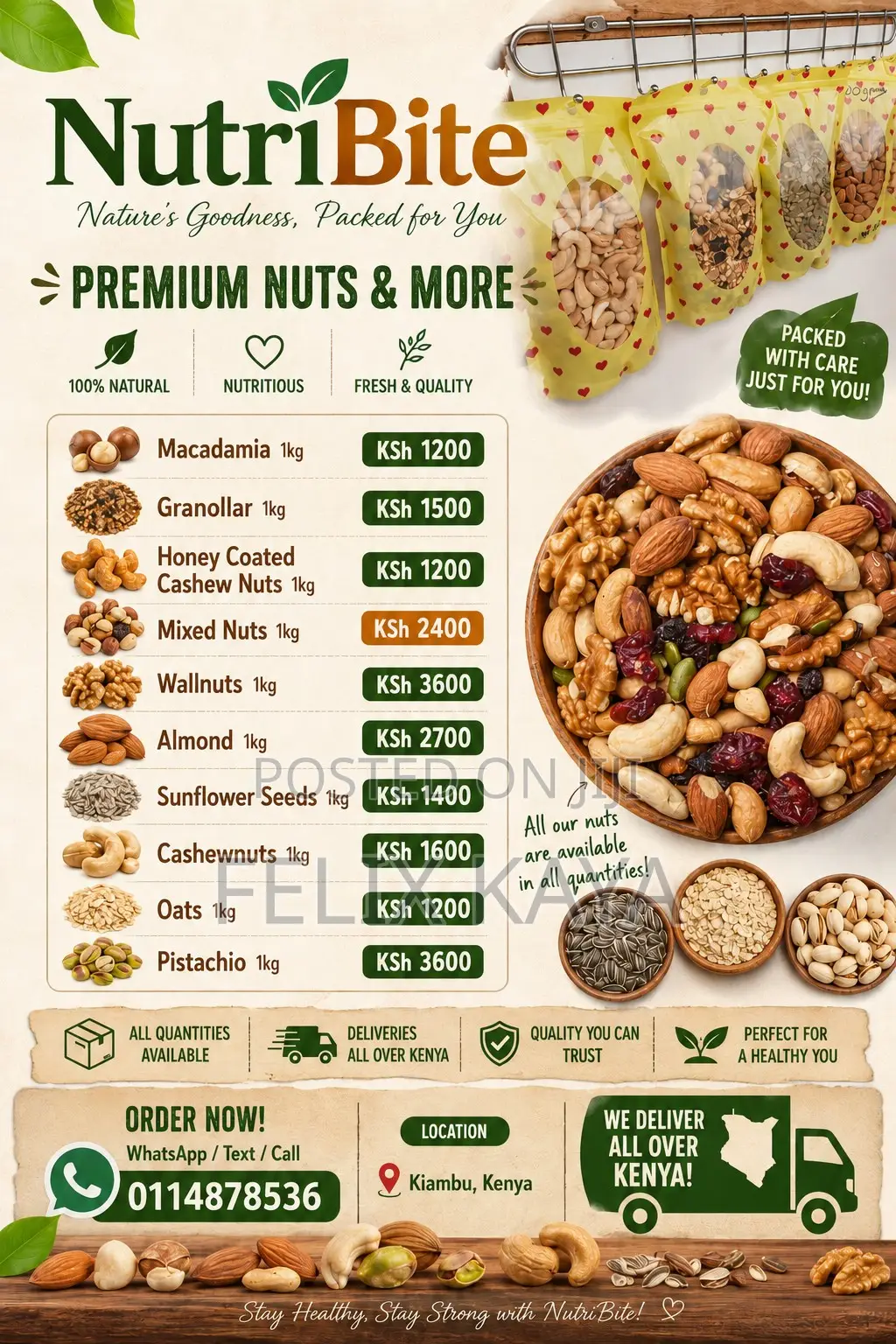 NutriBite premium nuts and more poster lists assorted nuts, prices in Kenyan shillings, and delivery across Kenya beside a bowl of mixed nuts; warm, wholesome tone.