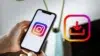 Hand holding a smartphone displaying the Instagram logo beside a colorful download icon, suggesting saving social media content; bright, modern tone.