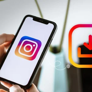 Hand holding a smartphone displaying the Instagram logo beside a colorful download icon, suggesting saving social media content; bright, modern tone.