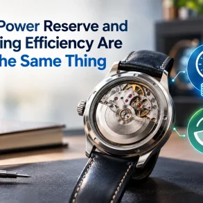 Graphic of an open-back mechanical watch beside clock and winding icons, with text: “Power Reserve and Winding Efficiency Are Not the Same Thing.”
