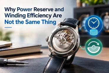 Graphic of an open-back mechanical watch beside clock and winding icons, with text: “Power Reserve and Winding Efficiency Are Not the Same Thing.”