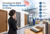Choosing the Right Door Manufacturer in China: woman views doors in a modern factory, with quality, customization, and production icons.
