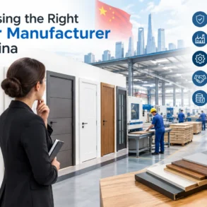 Choosing the Right Door Manufacturer in China: woman views doors in a modern factory, with quality, customization, and production icons.