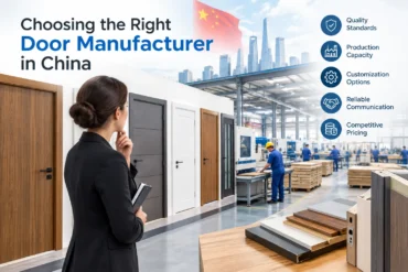 Choosing the Right Door Manufacturer in China: woman views doors in a modern factory, with quality, customization, and production icons.